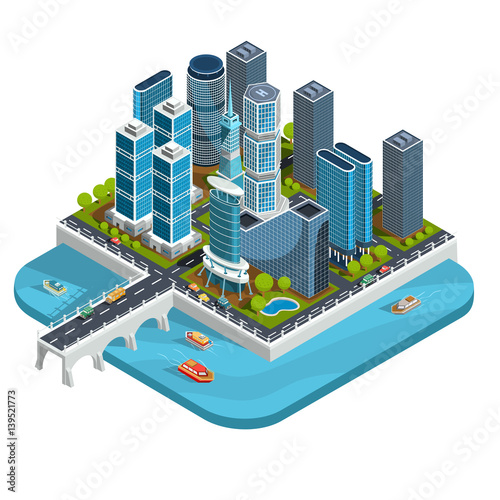 Vector isometric 3D illustrations of modern urban quarter with skyscrapers, offices, residential buildings, transport
