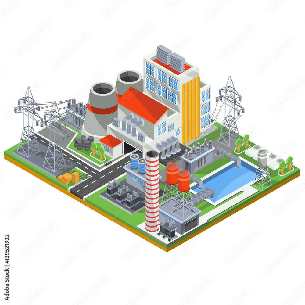 Vector isometric illustration of a nuclear power plant for the production of electrical energy Vector isometric illustration of a nuclear power plant for the production of electrical energy
