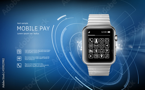Vector illustration in a realistic style the concept of e-payments using the application on your wrist watch.