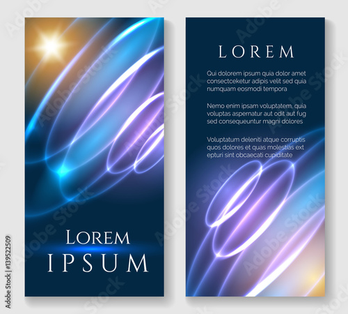 Glowing swirl posters. Vector luminosity bursting brochure cards
