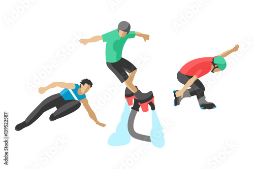 Vector drawing jumping extremesilhouettes illustration life skateboard set speed skydiver skateboarder roller skate wakeboard surfing flyboard