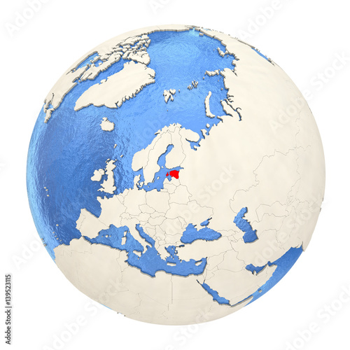 Estonia in red on full globe isolated on white