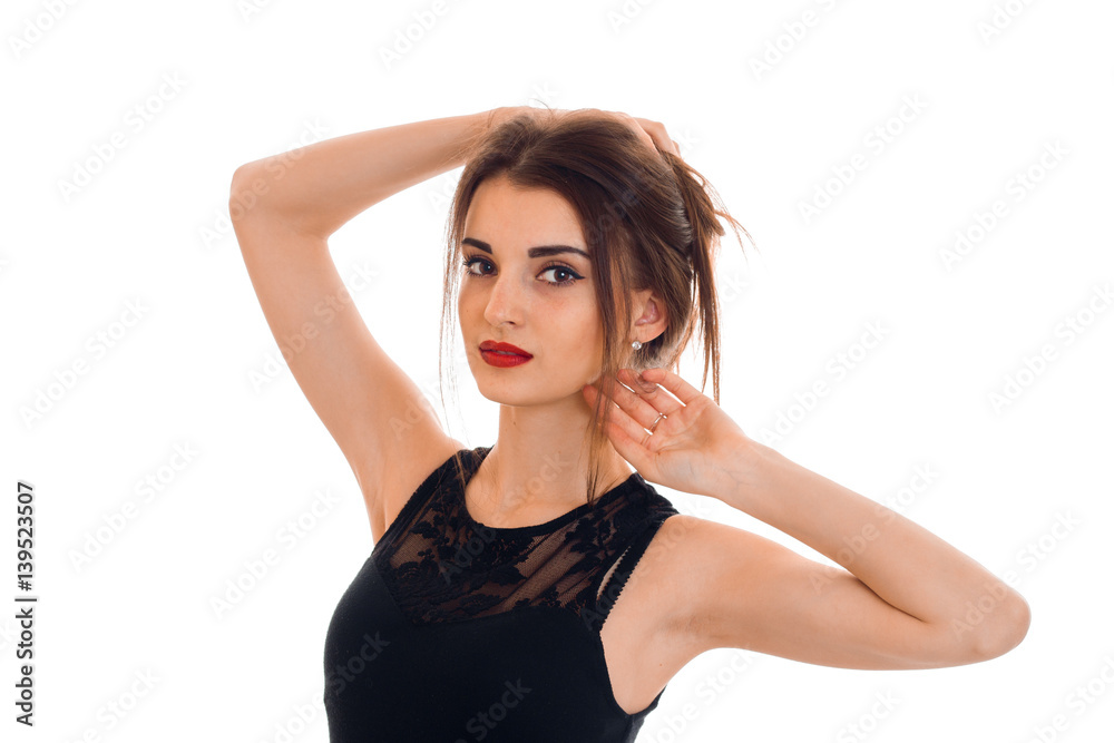 sexy young brunette woman with red lips posing isolated on white background sexy young brunette woman with red lips posing isolated on white background