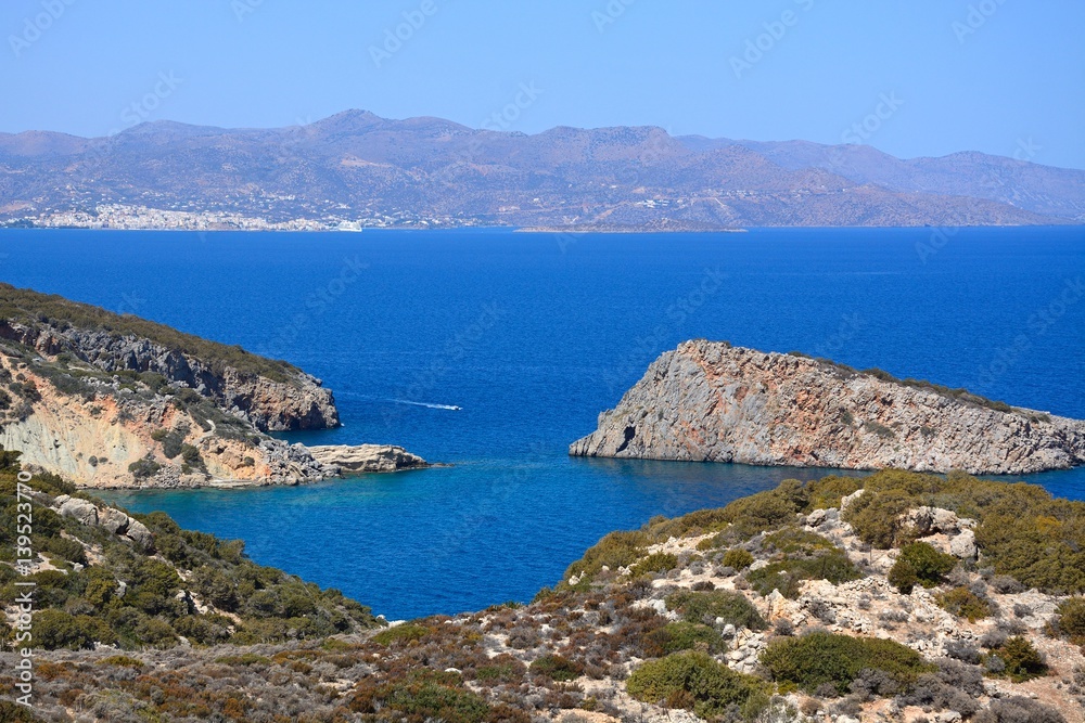 Elevated view of the sea and rugged coastline near Ammoudara, Crete.