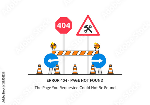 Error 404 page with road construction signs vector illustration on white background. Broken web page graphic design. Error 404 page not found creative template.
