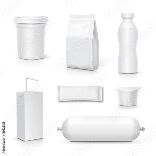 Food and drink blank packaging set. Snack pack template products realistic vector