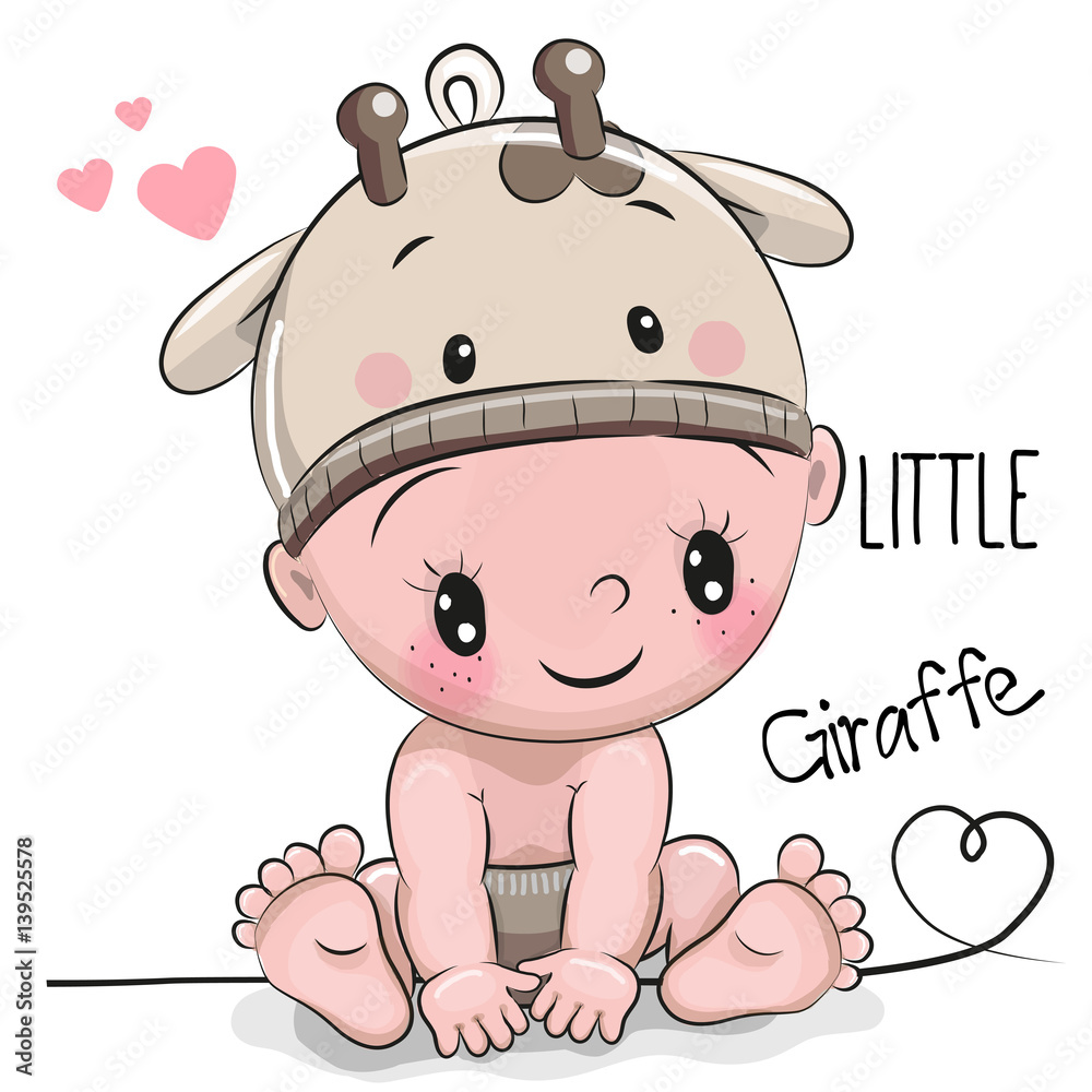 Cute Cartoon Baby boy in a giraffe hat Stock Vector | Adobe Stock