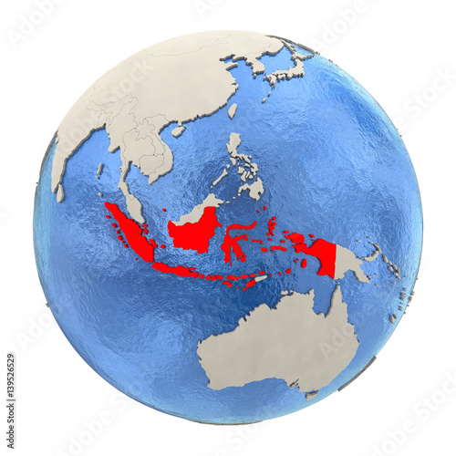 Indonesia in red on full globe isolated on white