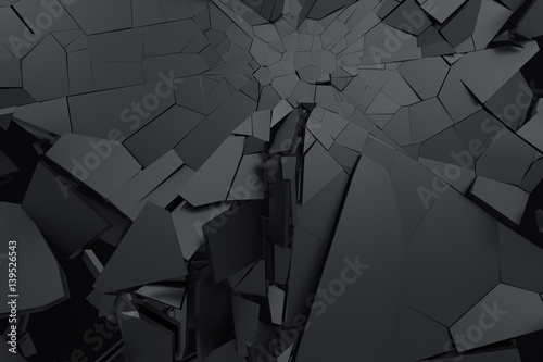 Abstract 3d rendering of cracked surface. Background with broken shape. Wall destruction. Bursting with debris. Modern cgi illustration. Design for poster, banner, placard, cover, print.