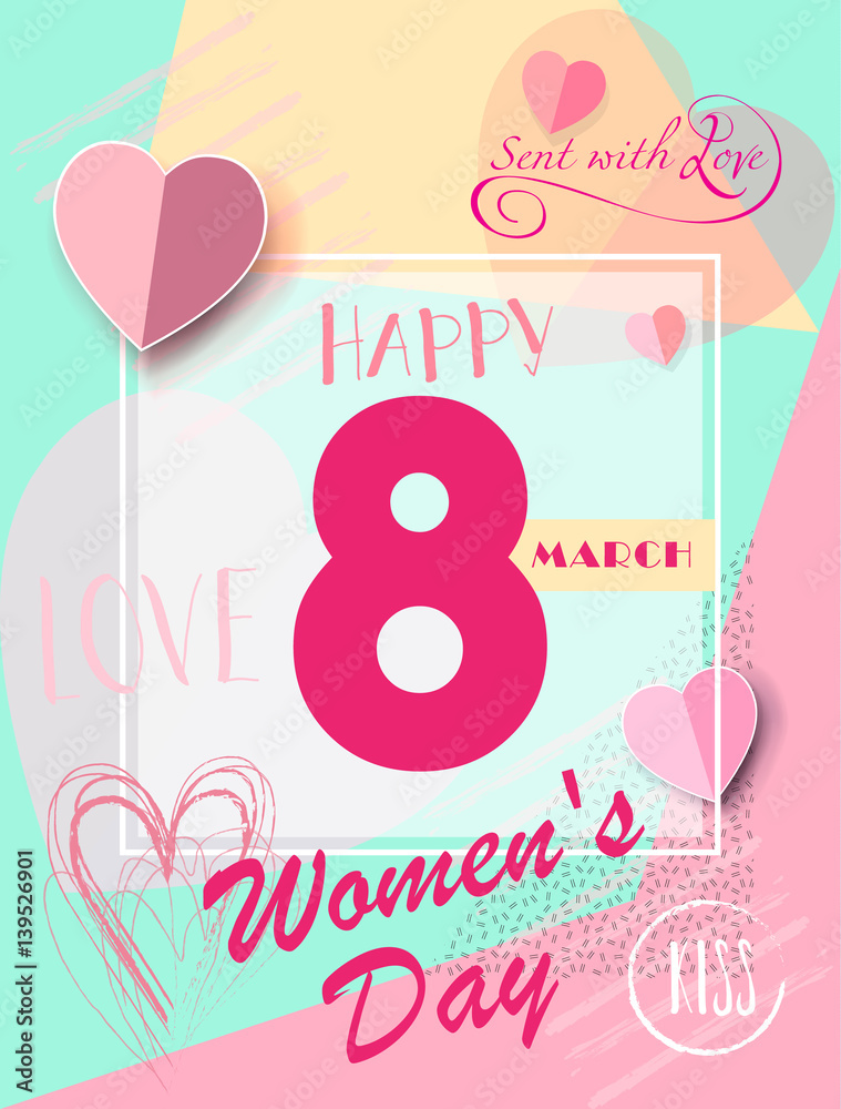 8 March Happy Women's Day. Greeting card. 8 March International women's day. Spring Holiday. Futuristic design. Number Eight logo, hearts, stylish background. Trendy
