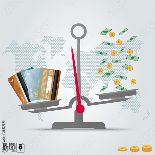 Infographic value of credit card. Compare credit cards and cash on the scales. Dotted world map background. Vector illustration, flat style.