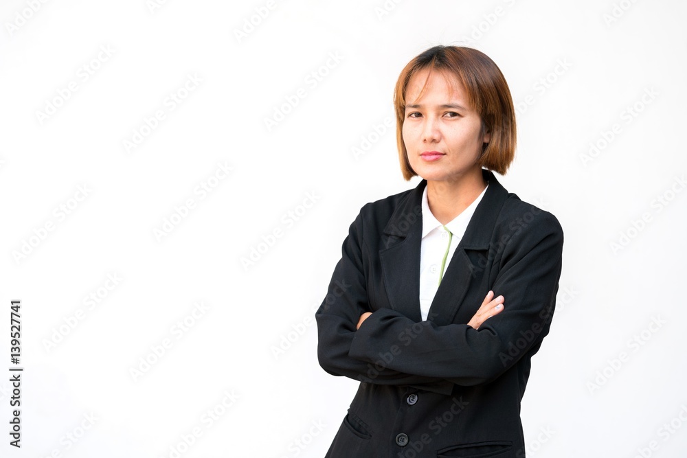 asia business woman 20 - 30 yearold cross one's arm on white background with copy space. asia business woman 20 - 30 yearold cross one's arm on white background with copy space.