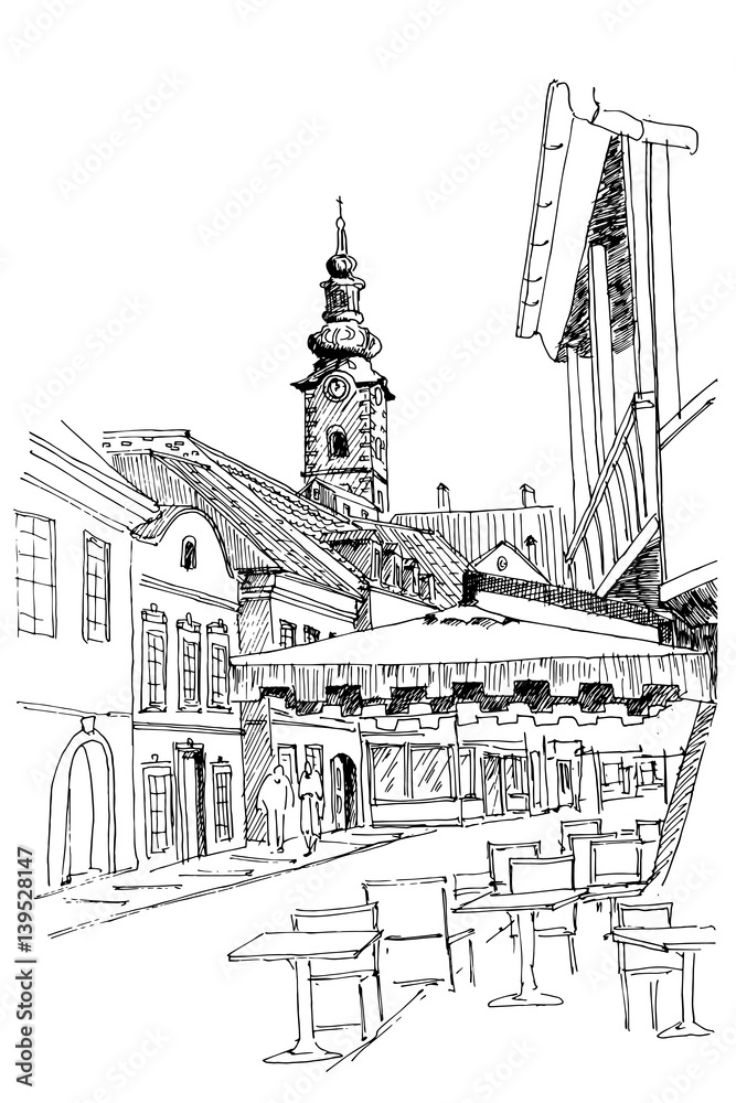 vector sketch of Tkalciceva street scene in Zagreb, Croatia.