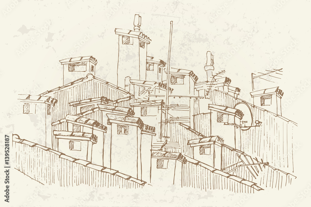 Vector sketch of roofs and chimneys. Retro style.