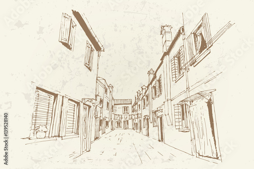Vector sketch of architecture of Burano island  Venice  Italy. Retro style.