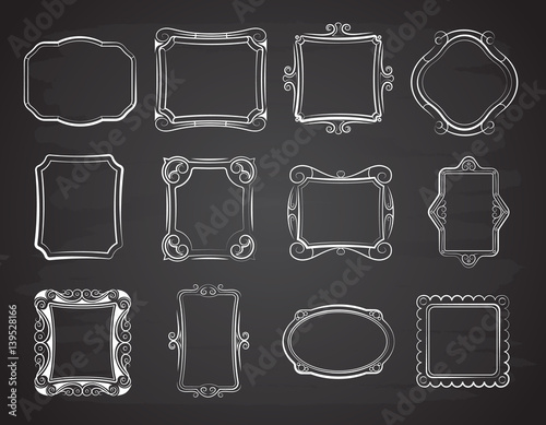 Vector doodle portrait photo frames, sketch antique box on chalkboard