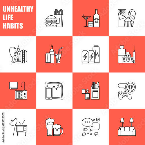 Unealthy lifestyle habits black and white line vector icons isolated. Fast junk food cola hanburger pizza. Bag habit smoking drugs energetic. Waste of time video games tv beer social media. photo