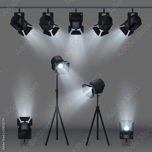 Lighted stage with studio spotlights vector illustration