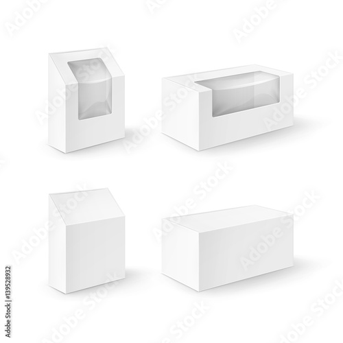 Vector Set of White Blank Cardboard Rectangle Take Away Boxes Packaging For Sandwich, Food, Gift, Other Products with Plastic Window Mock up Close up Isolated on White Background