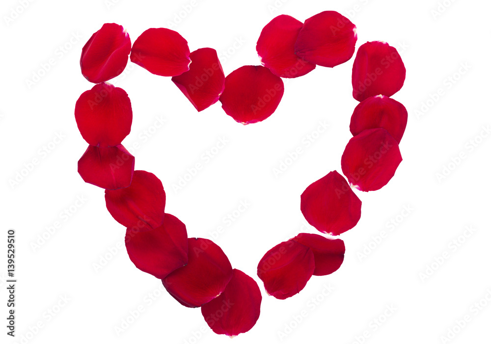 Beautiful heart of red rose petals isolated on white. Valentines heart border over white. Beautiful heart of red rose petals isolated on white. Valentines heart border over white.