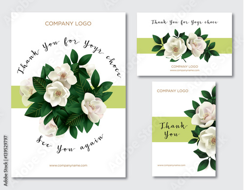 A set of cards with the words of gratitude. Design template card for the hotel, beauty salon, spa, restaurant, club& Vector illustration of a spring bouquet of magnolia flowers.
