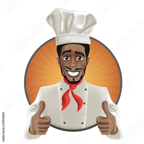 African men smiling chef. Black guy face avatar with smile, chefs hat and thumb up.