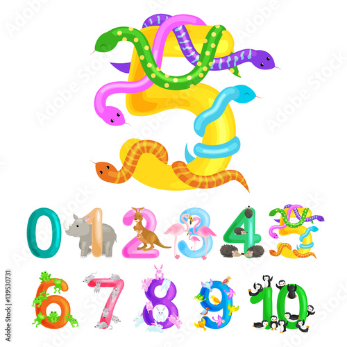 ordinal number five for teaching children counting snake with the ability to calculate amount 5 animals abc alphabet kindergarten books or elementary school posters collection vector illustration