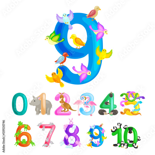 ordinal numbers 9 for teaching children counting nine birdies with the ability to calculate amount animals abc alphabet kindergarten books or elementary school posters collection vector illustration