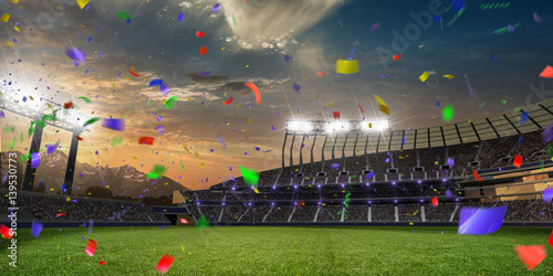 stadium sunset Confetti and tinsel with people fans. 3d render illustration cloudy sky  © Anna Stakhiv