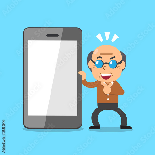 Cartoon senior man and smartphone