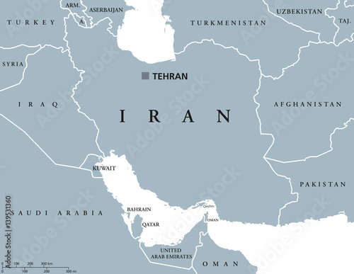 Iran political map with capital Tehran, national borders and neighbors. Islamic Republic, also called Persia. State and country in Western Asia. Gray illustration. English labeling, over white. Vector