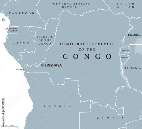 Democratic Republic of the Congo political map with capital Kinshasa. Also DR Congo, DRC, DROC or East Congo. Country in Central Africa. Gray illustration on white background. English labeling. Vector