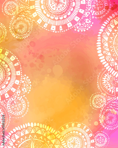 Artistic watercolor texture with white hand drawn mandala doodles frame. Mix of pink. yellow and orange colors.