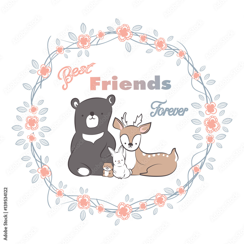 doodle set of best friends forever, cute deer, bear, rabbit and ...