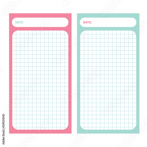 Paper Note List pad. Planner set. Cell texture. To do list Organizer Schedule template. Kids style. Empty place for notes. Pink blue color. Flat design White background. Isolated.