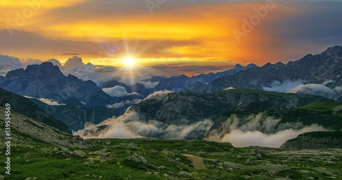 Scenic view of beautiful sunset in Dolomities