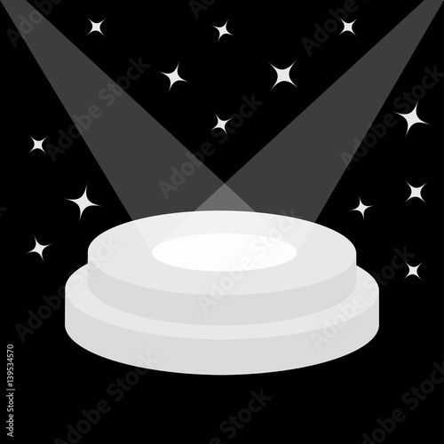 Round stage podium illuminated by spotlights. Empty pedestal for display. Shining sparkling star. 3d realistic platform for design. Isolated. Black background. Template. Flat design.