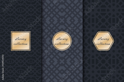 Set of vintage backgrounds for design packing luxury with gold frame. Geometric texture vector. 
