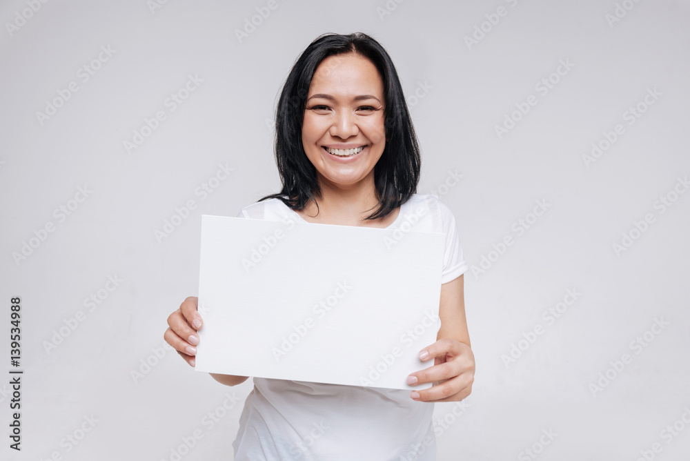 Lovely charming woman advertising positivity Lovely charming woman advertising positivity