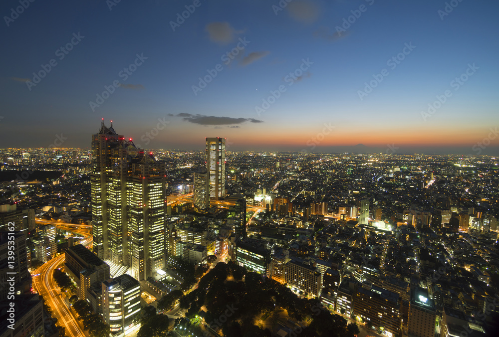 東京都市風景　夕暮れ　夜景　新宿から富士山方面に望む街明かり　俯瞰 広角　地平線