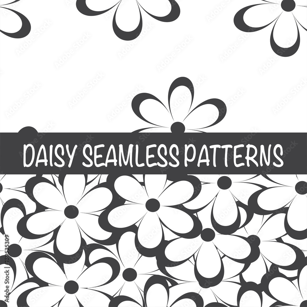 Set of seamless naive minimalistic patterns with little flowers. Floral print. Field of black camomiles on white background. For wrapping, fabric and other design. Vector illustration.