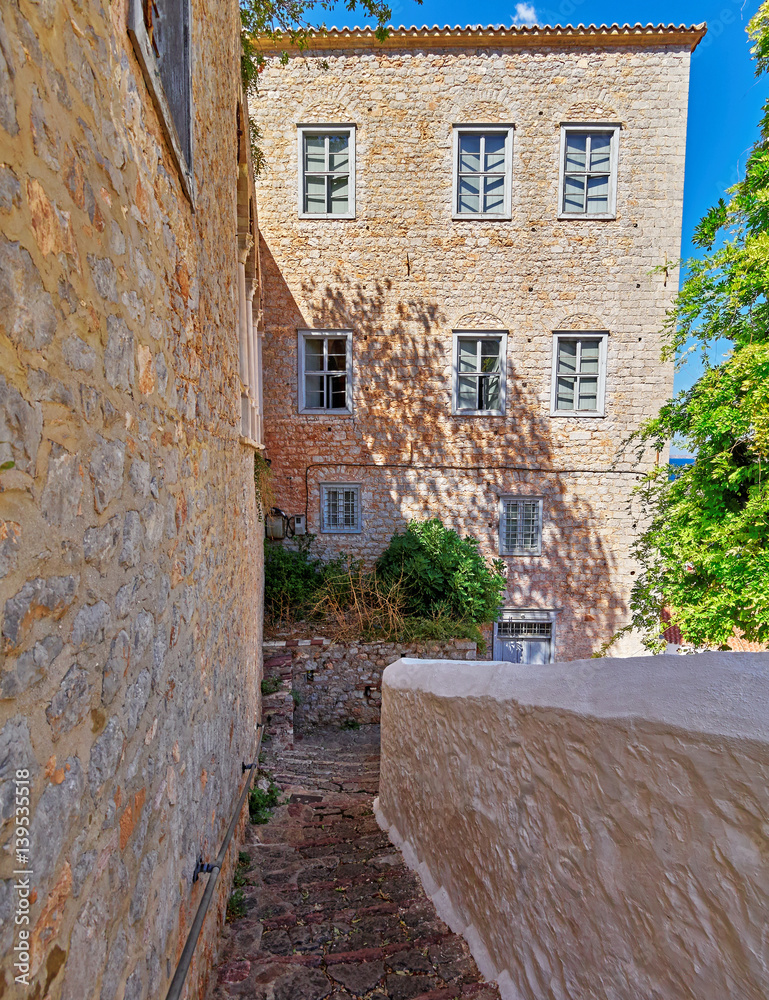 Greece, Hydra island, stairs alley and old shipowner mansion