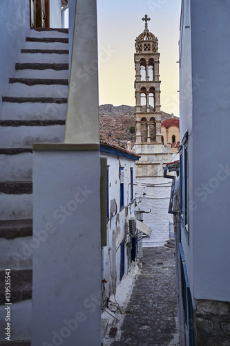 Greece  Hydra island  picturesque alley and church