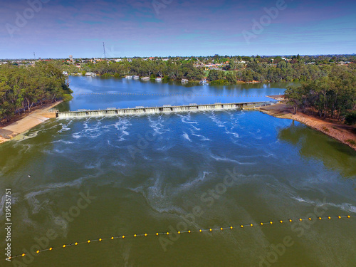 Aerial view of Mildura Weir. Location  River Murray  Mildura  Victoria. Murray River Locks.  