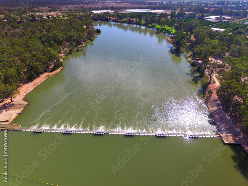 Aerial view of Mildura Weir. Location: River Murray, Mildura, Victoria. Murray River Locks.
