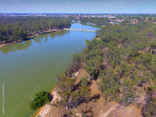 Aerial view of Mildura Weir. Location: River Murray, Mildura, Victoria. Murray River Locks.
 photo