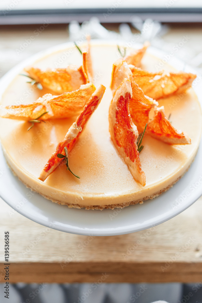 Orange caramel cheesecake close up Orange caramel cheesecake close up