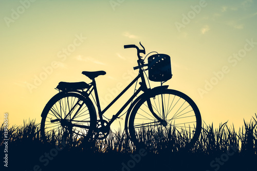 Silhouette of old bicycle on grass with the sky sunset, color of vintage tone and soft focus concept journey © sawitreelyaon