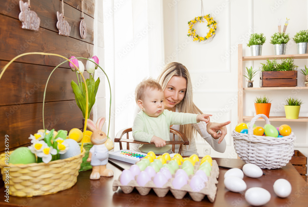 Easter concept. Happy mother and her cute child getting ready for Easter