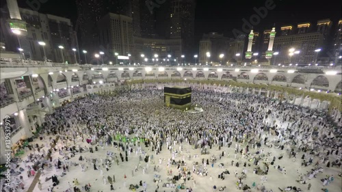 Time lapse video of Muslim pilgrims circling around the holy Kaaba at night during Hajj inside al Masjid al Haram in Mecca, Saudi Arabia.